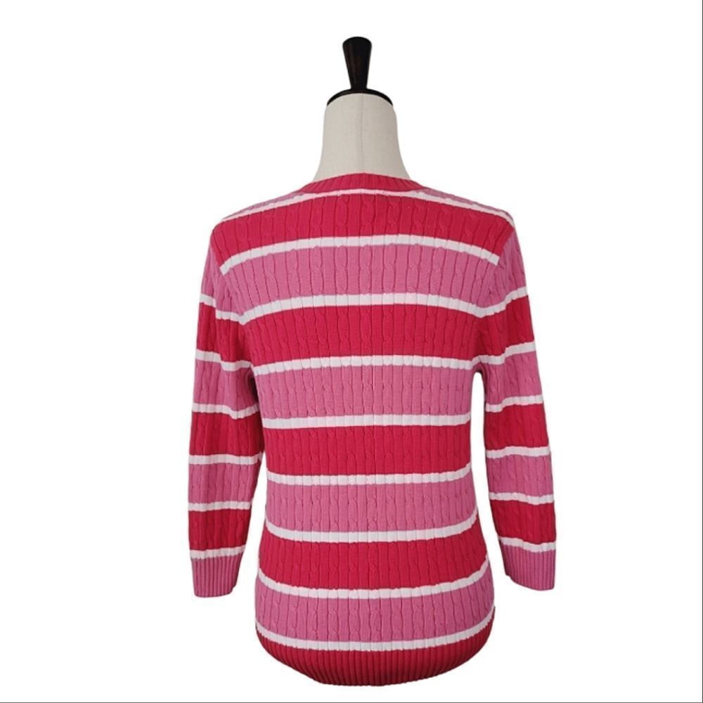 Jeanne Pierre Pink Striped V-neck Cable Knit 3/4 Sleeve Sweater Size M - Picture 5 of 8